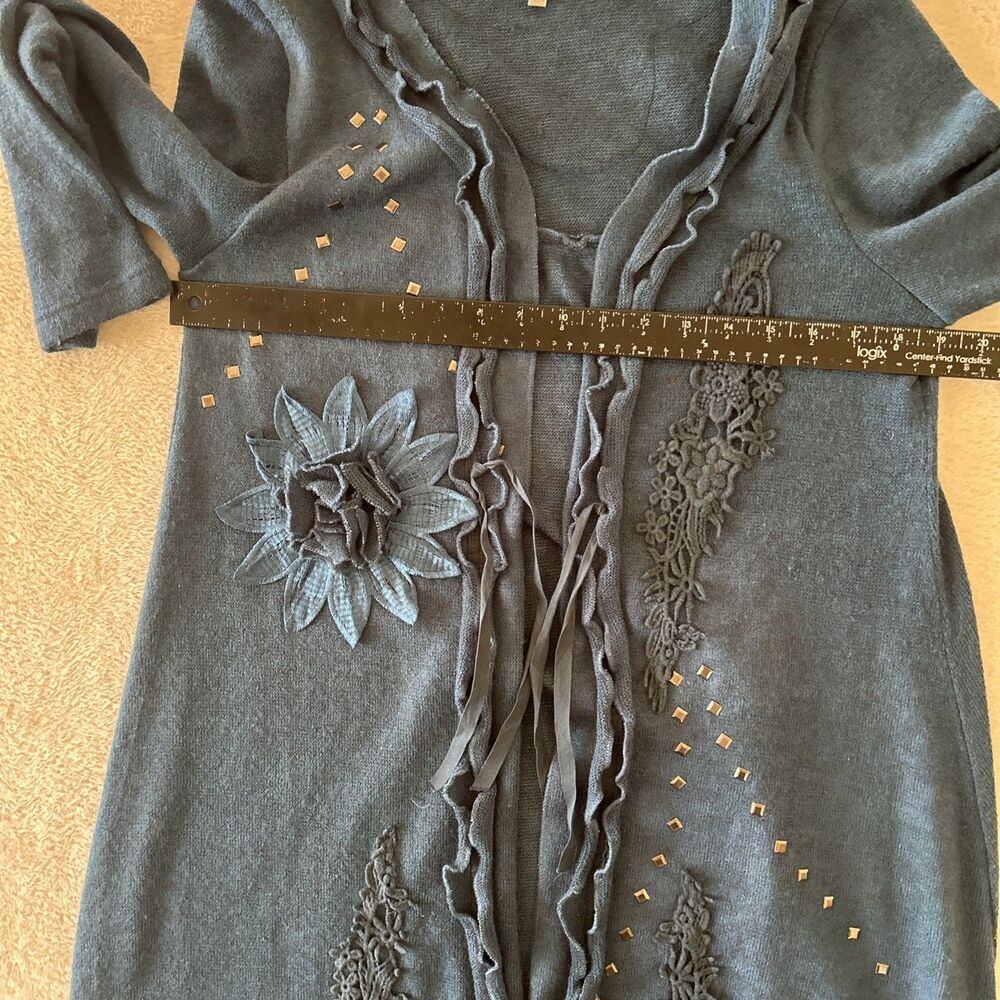 Pretty Angel Boho Duster Cardigan  Linen Blend Blue Floral Lace Appliqué Size S - Picture 12 of 12